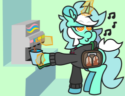 Size: 2331x1797 | Tagged: safe, artist:threetwotwo32232, character:lyra heartstrings, species:pony, species:unicorn, g4, clothing, female, hoodie, mare, soda steal, solo