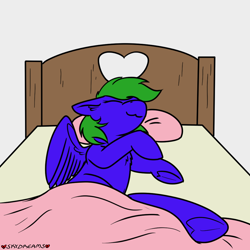 Size: 1000x1000 | Tagged: safe, artist:skydreams, patreon reward, oc, oc only, oc:aqua grass, species:pegasus, species:pony, g4, :3, bed, chest fluff, female, heart, heart shaped hooves, mare, patreon, pegasus oc, pillow, sleeping, smiling