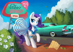 Size: 1400x990 | Tagged: safe, artist:asimos, character:rarity, species:pony, species:unicorn, g4, 1950s, 50s, bow, car, clothing, cute, diner, dress, female, flower, implied pinkie pie, looking at you, mare, raised hoof, raribetes, sign, smiling, solo, three quarter view