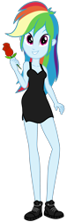 Size: 1100x3600 | Tagged: safe, artist:roseluck, character:rainbow dash, species:eqg human, g4, my little pony:equestria girls, black dress, braless, breasts, cleavage, clothing, collarbone, digital art, dress, equestria girls style, female, flower, full body, holding, inkscape, little black dress, looking at you, raised arm, rose, shoes, short dress, show accurate, simple background, sleeveless, sleeveless dress, smiling, smiling at you, sneakers, solo, standing, style emulation, transparent background, vector