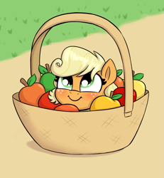 Size: 1899x2055 | Tagged: safe, artist:heretichesh, character:applejack, species:earth pony, species:pony, g4, apple, basket, blushing, cute, dawwww, female, filly, filly applejack, food, hnnng, jackabetes, looking up, pony in a basket, smiling, solo, weapons-grade cute, young, younger