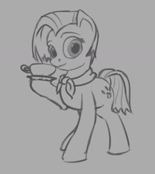 Size: 1280x1433 | Tagged: source needed, safe, artist:drafthoof, character:jasmine leaf, species:earth pony, species:pony, g4, ascot, cup, cute, cutie mark, female, lineart, looking at you, mare, monochrome, solo, teacup