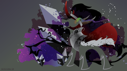Size: 3840x2160 | Tagged: safe, artist:sambaneko, character:king sombra, species:pony, species:umbrum, species:unicorn, g4, license:cc-by-nc-nd, abstract background, cape, clothing, digital art, ermine, fangs, male, open mouth, sharp teeth, silhouette, solo, sombra eyes, sombra horn, stallion, vector