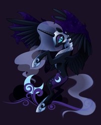 Size: 1226x1522 | Tagged: safe, artist:sambaneko, character:nightmare moon, character:princess luna, species:alicorn, species:pony, g4, license:cc-by-nc-nd, armor, cutie mark, ethereal mane, female, helmet, looking at you, mare, simple background, solo, spread wings, wings