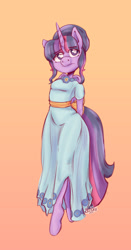 Size: 1280x2438 | Tagged: safe, artist:scribleydoodles, character:twilight sparkle, species:alicorn, species:anthro, species:pony, species:unguligrade anthro, episode:make new friends but keep discord, g4, my little pony: friendship is magic, clothing, dress, gala dress, gradient background, hands behind back, signature, simple background, solo