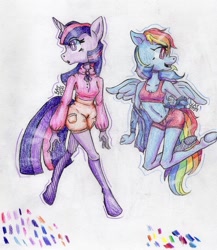 Size: 792x914 | Tagged: safe, artist:scribleydoodles, character:rainbow dash, character:twilight sparkle, species:alicorn, species:anthro, species:pegasus, species:unguligrade anthro, g4, belly button, bra, breasts, cleavage, clothing, duo, flying, hoodie, open mouth, profile, shorts, simple background, sports bra, sports shorts, traditional art, underwear, white background