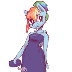 Size: 2048x2048 | Tagged: safe, artist:scribleydoodles, character:rainbow dash, species:anthro, species:pegasus, g4, alternate hairstyle, annoyed, bag, clothing, dress, female, purse, signature, simple background, solo, white background