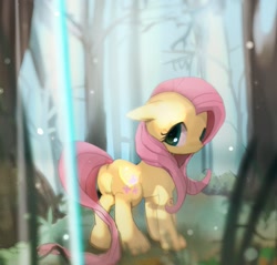 Size: 1200x1148 | Tagged: safe, artist:youhoujou, character:fluttershy, species:pegasus, species:pony, g4, forest, looking at you, looking back, looking back at you, solo, tree, wingless
