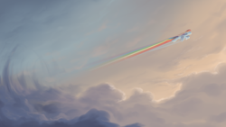 Size: 1920x1080 | Tagged: safe, artist:rocket-lawnchair, character:rainbow dash, species:pegasus, species:pony, g4, cloud, cloudy, eyes closed, flying, profile, rainbow, rainbow trail, solo
