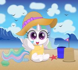 Size: 942x848 | Tagged: safe, artist:spellboundcanvas, character:princess celestia, species:alicorn, species:pony, g4, beach, bow, cewestia, clothing, cute, cutelestia, female, filly, filly celestia, hat, looking at you, ocean, open mouth, outdoors, sand, sandcastle, seashell, smiling, solo, starfish, sun hat, swimsuit, wave, weapons-grade cute, young, young celestia, younger