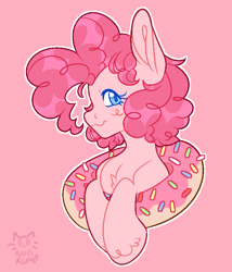 Size: 672x784 | Tagged: safe, artist:nullkunst, character:pinkie pie, species:earth pony, species:pony, g4, big ears, bust, chest fluff, donut, food, solo, unshorn fetlocks
