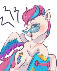 Size: 744x929 | Tagged: safe, artist:funkyfurs, character:zipp storm, species:pegasus, species:pony, g5, blushing, colored wings, colored wingtips, female, glasses, hoof polish, mare, multicolored wings, open mouth, simple background, skateboard, solo, sunglasses, unshorn fetlocks, white background, wings