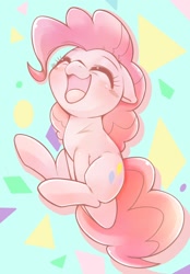 Size: 714x1024 | Tagged: safe, artist:kurogewapony, character:pinkie pie, species:earth pony, species:pony, g4, abstract background, cute, diapinkes, eyes closed, happy, jumping, open mouth, simple background, solo