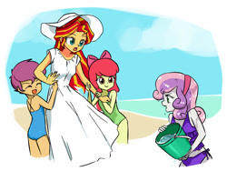 Size: 1024x768 | Tagged: safe, artist:twilite-sparkleplz, character:apple bloom, character:scootaloo, character:sunset shimmer, character:sweetie belle, species:eqg human, g4, my little pony:equestria girls, apple family member, beach, blue swimsuit, bow, bucket, clothing, cloud, cute, cutie mark crusaders, dress, eyes closed, female, green swimsuit, group, hair bow, hat, one-piece swimsuit, open mouth, outdoors, playing, purple swimsuit, sand, sky, smiling, summer dress, sun hat, sundress, sweetie bitch, swimsuit, tankini, this will end in tears, water, young