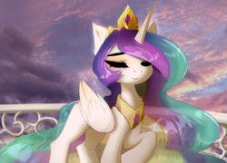Size: 2679x1934 | Tagged: safe, artist:empress-twilight, character:princess celestia, species:alicorn, species:pony, g4, cloud, crown, cute, cutelestia, eyes closed, fence, high res, i can't believe it's not magnaluna, jewelry, raised hoof, regalia, sky, smiling, solo, translucent mane