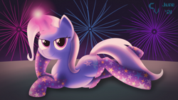 Size: 3840x2160 | Tagged: safe, artist:cosmikvek, character:trixie, species:pony, species:unicorn, g4, belly button, clothing, female, females, fireworks, glowing horn, horn, looking at you, lying down, magic, mare, night, smiling, socks, solo, thigh highs
