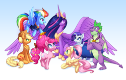 Size: 3776x2395 | Tagged: safe, artist:scarlet-spectrum, character:applejack, character:fluttershy, character:pinkie pie, character:rainbow dash, character:rarity, character:spike, character:twilight sparkle, character:twilight sparkle (alicorn), species:alicorn, species:dragon, species:earth pony, species:pegasus, species:pony, species:unicorn, episode:the last problem, g4, my little pony: friendship is magic, big wings, colored pupils, crown, female, gigachad spike, gradient background, happy birthday mlp:fim, high res, jewelry, male, mane seven, mane six, mare, older, older applejack, older fluttershy, older mane seven, older mane six, older pinkie pie, older rainbow dash, older rarity, older spike, older twilight, princess twilight 2.0, regalia, sitting, smiling, speedpaint available, spread wings, winged spike, wings