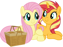 Size: 1024x768 | Tagged: safe, artist:emeraldblast63, character:fluttershy, character:sunset shimmer, species:pegasus, species:pony, species:unicorn, g4, my little pony:equestria girls, basket, cute, duo, duo female, female, friends, looking at each other, lying down, mare, picnic, picnic basket, prone, shimmerbetes, shyabetes, simple background, sweet dreams fuel, transparent background