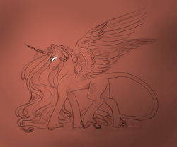 Size: 2304x1920 | Tagged: safe, artist:fanaticpanda, character:princess celestia, species:alicorn, species:pony, g4, glowing eyes, leonine tail, limited palette, lineart, profile, signature, simple background, solo, spread wings, tail, unshorn fetlocks, wings