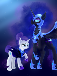 Size: 1518x2021 | Tagged: safe, artist:moonlightrift, character:nightmare moon, character:princess luna, character:rarity, species:alicorn, species:pony, species:unicorn, episode:the cutie re-mark, g4, my little pony: friendship is magic, alternate hairstyle, alternate timeline, alternate universe, night maid rarity, nightmare takeover timeline