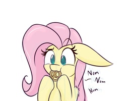 Size: 1000x800 | Tagged: safe, artist:heir-of-rick, character:fluttershy, species:pegasus, species:pony, g4, bust, cute, eating, female, floppy ears, food, hoof hold, mare, nom, pretzel, raised eyebrow, shyabetes, simple background, solo, white background