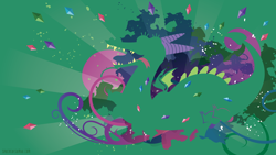 Size: 3840x2160 | Tagged: safe, artist:sambaneko, character:crackle, species:dragon, g4, license:cc-by-nc-nd, abstract background, digital art, female, open mouth, silhouette, solo, tongue out, vector