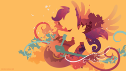 Size: 3840x2160 | Tagged: safe, artist:sambaneko, character:scootaloo, species:pegasus, species:pony, g4, license:cc-by-nc-nd, abstract background, blank flank, digital art, female, filly, foal, open mouth, scooter, silhouette, solo, vector, young