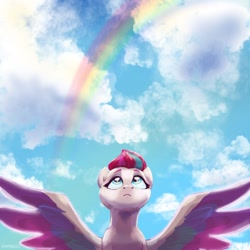 Size: 1200x1200 | Tagged: safe, artist:pfeffaroo, character:zipp storm, species:pegasus, species:pony, g5, bust, cloud, colored wingtips, looking up, multicolored wings, rainbow, sad, sky, solo, wings