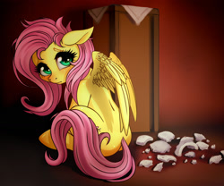 Size: 1600x1328 | Tagged: safe, artist:zetamad, character:fluttershy, species:pegasus, species:pony, newbie artist training grounds, g4, atg 2021, bad pony, behaving like a dog, broken, broken vase, looking at you, looking back, looking back at you, solo