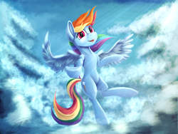 Size: 3200x2400 | Tagged: safe, artist:sigilponies, character:rainbow dash, species:pegasus, species:pony, g4, cloud, flying, looking at you, open mouth, outstretched hoof, signature, sky, solo, spread wings, wings