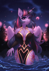Size: 1920x2784 | Tagged: safe, artist:fenwaru, character:twilight sparkle, character:twilight sparkle (alicorn), species:alicorn, species:anthro, g4, absolute cleavage, both cutie marks, breasts, cleavage, clothing, commission, cutie mark, dress, forest, horn, horn jewelry, horn ring, jewelry, long hair, looking at you, ring, solo, three quarter view, water, ych result