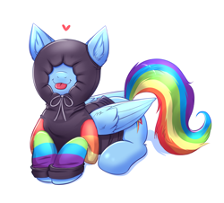 Size: 3717x3360 | Tagged: safe, artist:confetticakez, character:rainbow dash, species:pegasus, species:pony, g4, backwards cutie mark, blep, clothing, cute, cutie mark, dashabetes, female, floating heart, heart, high res, hoodie, lying down, mare, prone, rainbow dork, silly, silly pony, simple background, smiling, solo, tongue out, white background