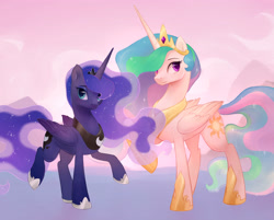 Size: 3840x3090 | Tagged: safe, artist:kodabomb, character:princess celestia, character:princess luna, species:alicorn, species:pony, g4, crown, cute, duo, ethereal mane, female, galaxy mane, high res, jewelry, raised hoof, raised leg, regalia, royal sisters, siblings, sisters, smiling, starry tail