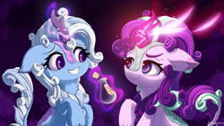 Size: 3200x1800 | Tagged: safe, artist:symbianl, character:starlight glimmer, character:trixie, species:kirin, g4, abstract background, bottle, cheek fluff, chest fluff, cork, cross-popping veins, ear fluff, floppy ears, fluffy, glowing horn, grin, hoof fluff, hooves, horn, implied transformation, kirin starlight, kirin trixie, kirin-ified, leg fluff, levitation, looking at each other, magic, potion, sheepish grin, smiling, species swap, starlight is not amused, sweat, sweatdrops, telekinesis, this will end in nirik, unamused, vein