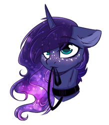 Size: 1024x1170 | Tagged: safe, artist:cloud-fly, character:princess luna, species:alicorn, species:pony, g4, bust, collar, cute, eye clipping through hair, female, floppy ears, freckles, holding, leash, lunabetes, mare, mouth hold, pet play, portrait, simple background, solo, transparent background