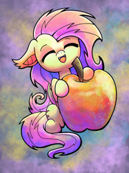 Size: 1280x1707 | Tagged: safe, artist:catscratchpaper, character:flutterbat, character:fluttershy, species:bat pony, species:pegasus, species:pony, g4, abstract background, apple, bat ponified, cute, ear fluff, eyes closed, fangs, female, food, happy, mare, open mouth, open smile, race swap, sharp teeth, smiling, smol