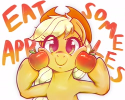 Size: 2048x1628 | Tagged: safe, artist:kurogewapony, manebooru spotlight, character:applejack, species:earth pony, species:pony, g4, apple, clothing, cute, food, happy, hat, holding, jackabetes, looking at you, simple background, smiling, solo, text, white background