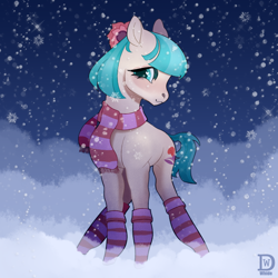 Size: 1024x1024 | Tagged: dead source, safe, artist:whide, character:coco pommel, species:earth pony, species:pony, g4, blushing, clothing, cocobetes, cute, cutie mark, female, floppy ears, flower, flower in hair, high res, leg warmers, looking at you, mare, scarf, shy, smiling, snow, socks, solo, striped socks, ych result
