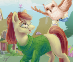 Size: 1205x1024 | Tagged: safe, artist:гусь, oc, species:bird, species:earth pony, species:owl, species:pony, g4, clothing, flying, glasses, missing cutie mark, scroll, smiling, solo, sweater