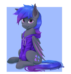 Size: 969x1024 | Tagged: safe, artist:printik, derpibooru original, oc, oc only, oc:grey, species:bat pony, species:pony, g4, chest fluff, clothing, ear fluff, freckles, heart, hoodie, looking at you, male, sitting, smiling, solo, stallion, wings, wings down