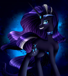 Size: 1280x1428 | Tagged: safe, artist:lada03, character:nightmare rarity, character:rarity, species:pony, species:unicorn, g4, blue background, blue eyes, colored pupils, crown, evil grin, eyelashes, female, flowing mane, flowing tail, grin, horn, jewelry, long horn, looking at you, necklace, purple mane, regalia, simple background, smiling, solo, teeth