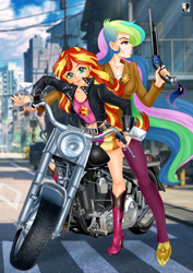 Size: 1000x1414 | Tagged: safe, artist:lord--opal, character:princess celestia, character:principal celestia, character:sunset shimmer, species:human, g4, my little pony:equestria girls, crossover, gun, harley davidson, human coloration, shotgun, weapon