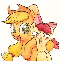 Size: 892x892 | Tagged: safe, artist:goodsleepy2, character:apple bloom, character:applejack, species:earth pony, species:pony, g4, apple family member, blushing, bow, cheeks, clothing, cowboy hat, female, filly, hair bow, hat, looking at you, mare, open mouth, open smile, painting, siblings, simple background, sisters, smiling, squishy cheeks, traditional art, watercolor painting, white background, young