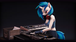 Size: 9216x5184 | Tagged: safe, artist:imafutureguitarhero, character:dj pon-3, character:vinyl scratch, species:anthro, species:pony, species:unicorn, g4, 3d, clothing, explicit source, female, fingerless gloves, gloves, headphones, keyboard, looking down, mare, pants, record, solo, source filmmaker, synthesizer, tank top, turntable