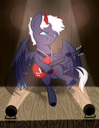 Size: 1024x1324 | Tagged: safe, artist:exagryph, oc, oc:silver bullet, species:pegasus, species:pony, g4, guitar, horns, male, musical instrument, solo, stallion