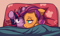 Size: 1600x956 | Tagged: safe, artist:chub-wub, character:sunny starscout, character:twilight sparkle, species:earth pony, species:pony, g5, bed, bust, cute, plushie, sunnybetes, toy