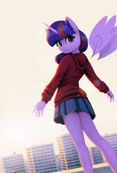 Size: 1500x2224 | Tagged: safe, artist:mrscroup, character:twilight sparkle, character:twilight sparkle (alicorn), species:alicorn, species:anthro, g4, blushing, building, clothing, floating wings, hoodie, looking at you, looking back, looking back at you, signature, skirt, skyline, solo, three quarter view, wings