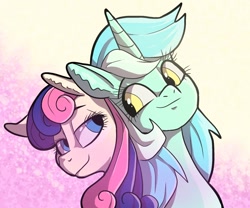 Size: 924x768 | Tagged: safe, artist:smirk, character:bon bon, character:lyra heartstrings, character:sweetie drops, species:earth pony, species:pony, species:unicorn, ship:lyrabon, g4, couple, duo, female, lesbian, looking at each other, shipping, smiling, smiling at each other