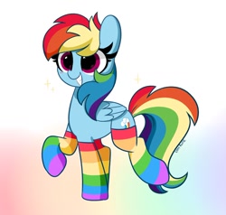 Size: 1200x1140 | Tagged: safe, artist:kittyrosie, character:rainbow dash, species:pegasus, species:pony, g4, blushing, clothing, cute, dashabetes, gradient background, rainbow socks, socks, striped socks