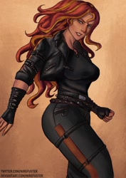 Size: 848x1200 | Tagged: safe, artist:nire, character:sunset shimmer, species:human, g4, my little pony:equestria girls, belts, breasts, busty sunset shimmer, clothing, female, gauntlet, jacket, leather jacket, looking at you, pants, shirt, solo, solo female